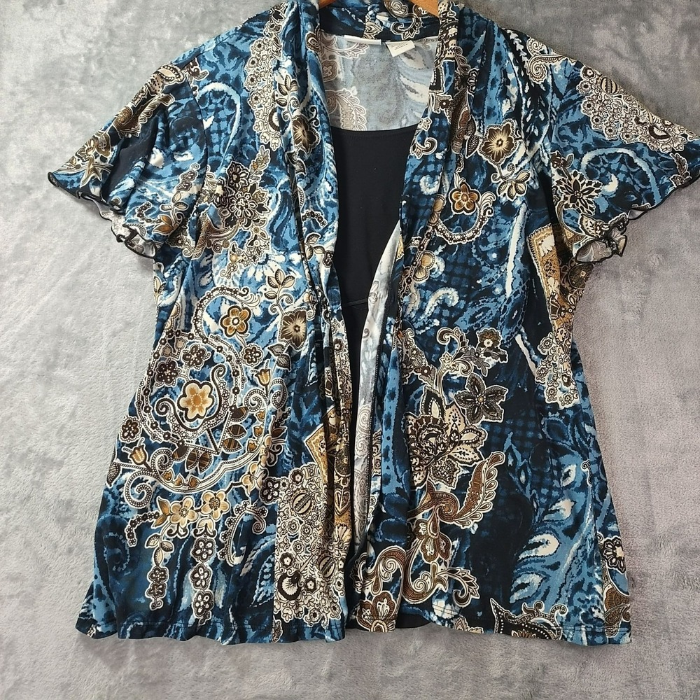 Kim Rogers Womens Blue Paisley Cardigan Top Size L‎ Boho Lightweight Stretch